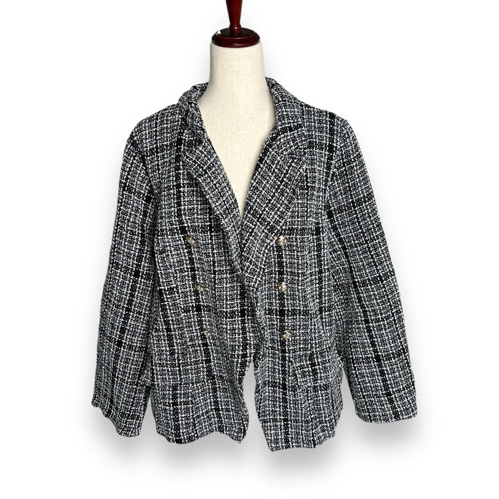 Black & White Tweed Open Front Blazer Jacket Plus Size 3XL Gold Buttons